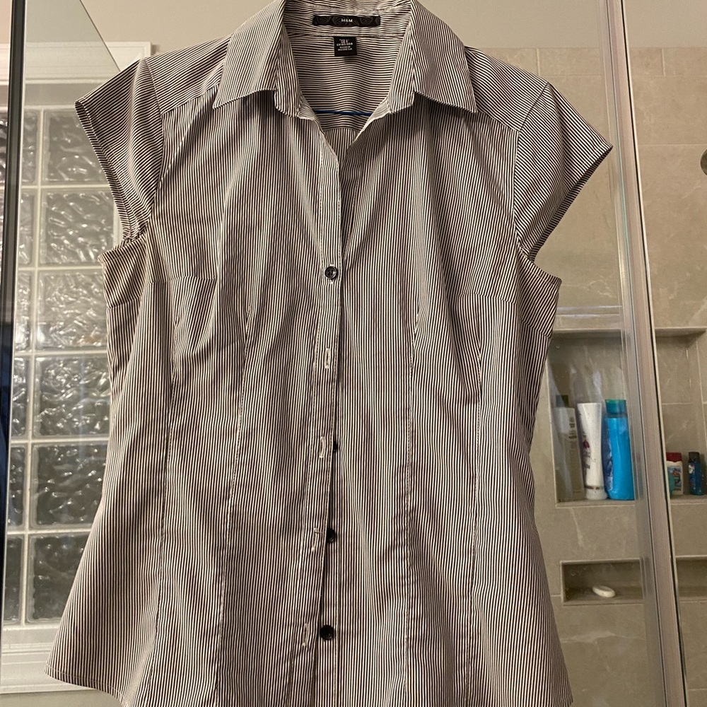 Black and white pinstripe cap sleeve work blouse